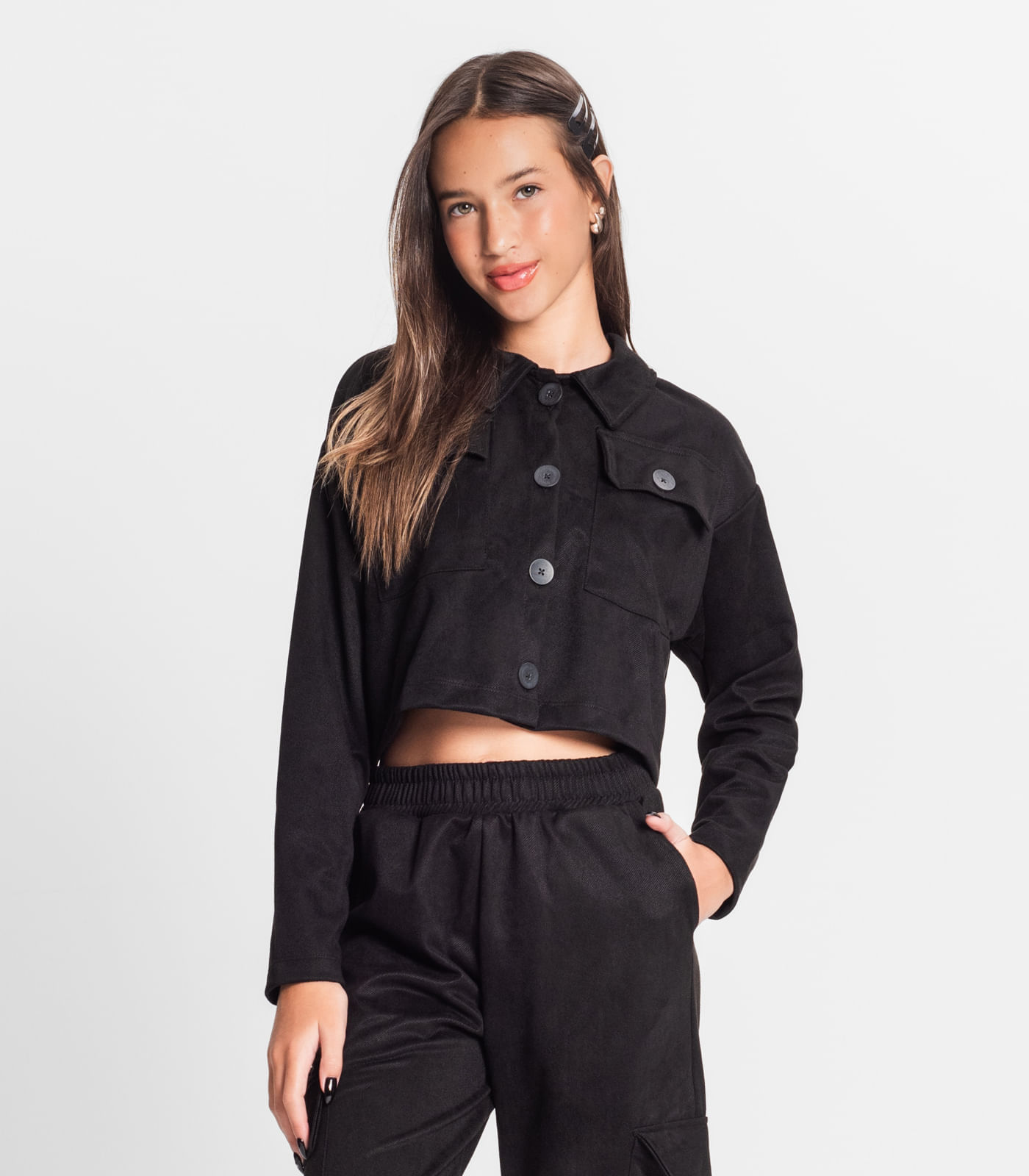 Casaco Juvenil Feminino Em Suede Sarjado Minty Preto - imagem 1