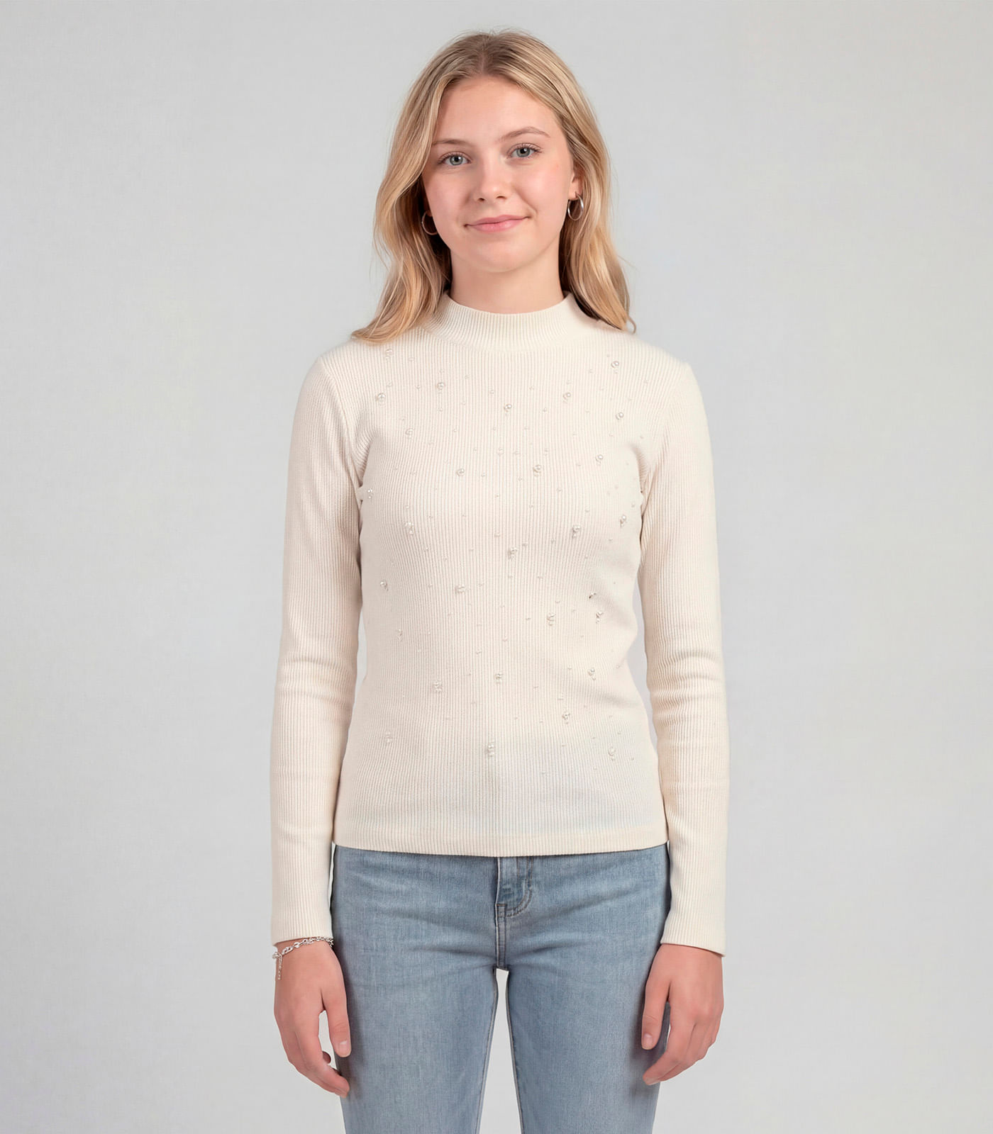 Blusa Juvenil Manga Longa Ribana e Rebites Minty Bege - imagem 1