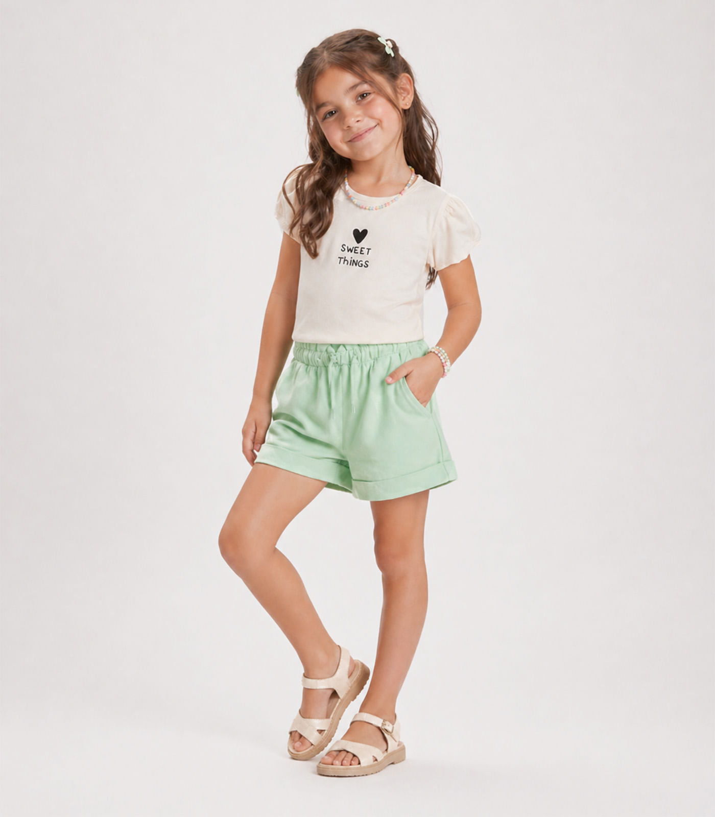 Conjunto Menina Verão Blusa Com Shorts Select Bege - imagem 1