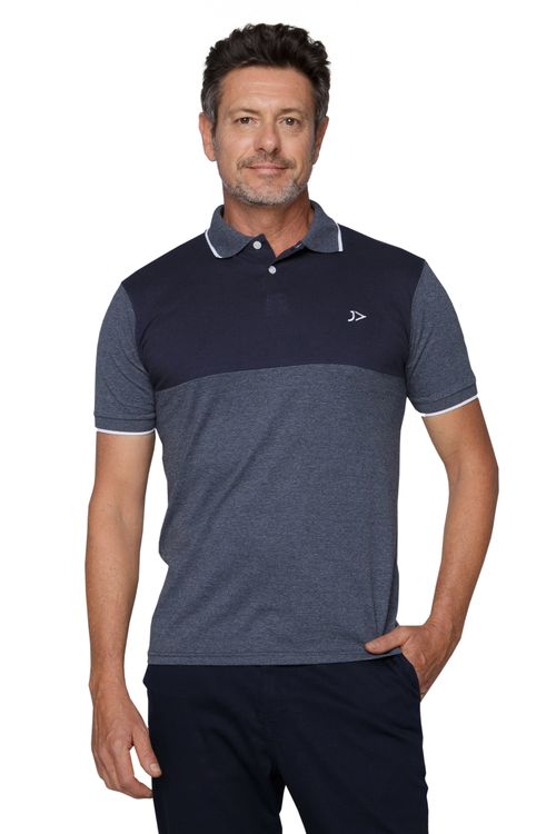 Camisa Polo Masculina com Recorte Mescla e Azul Marinho