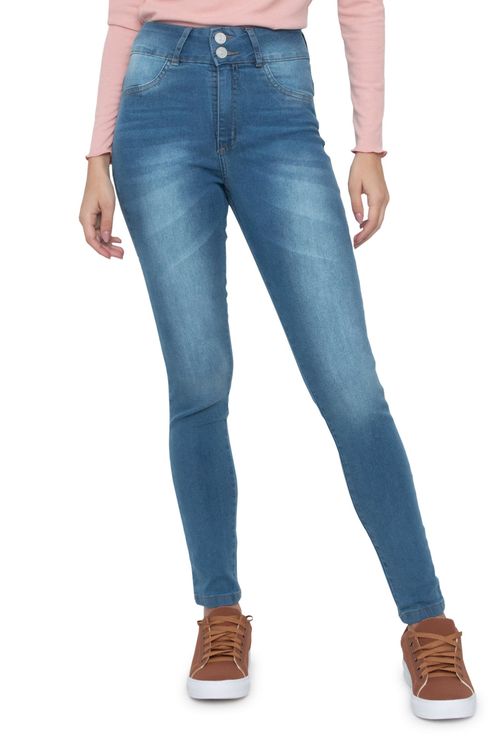 Calça Feminina Skinny 2 Botões Jeans Estonado Médio