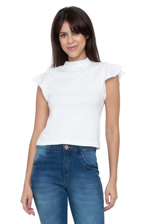 Blusa Feminina Babados Gola Alta Off White