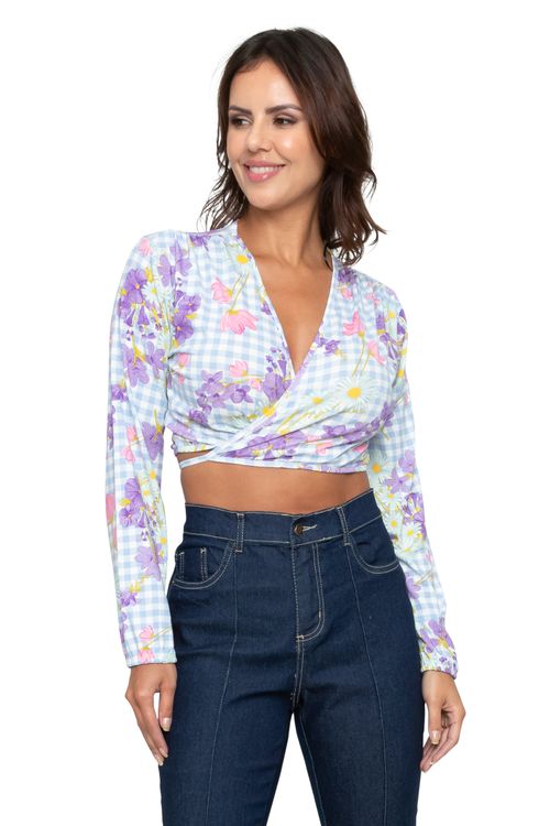 Blusa Cropped Feminina Romântico em Malha com Estampa Vichy Floral Azul Claro