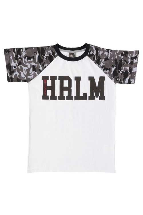 Camiseta Juvenil com Estampa HRLM Raglan Branco e Camuflado Tam 10 a 16