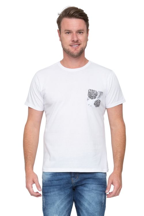 Camiseta Masculina com Bolso Estampado Branca