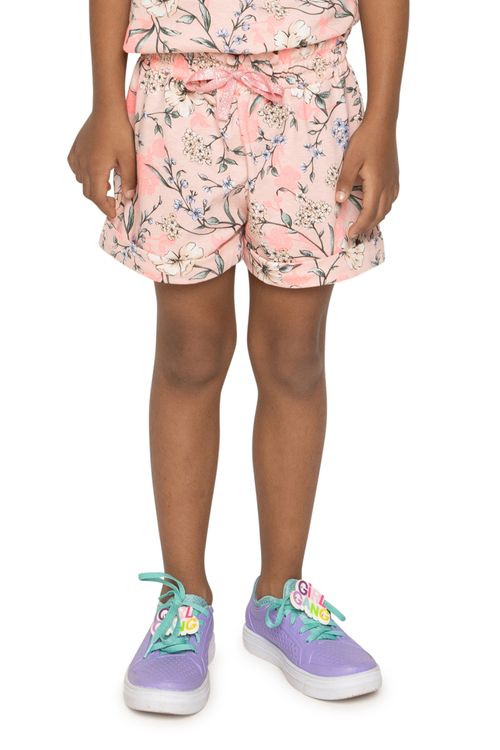 Shorts Infantil Clochard com Cordão Floral Rosa Claro Tam 4 a 8