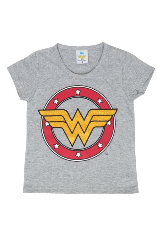 Blusa Infantil com Estampa Mulher Maravilha Cinza Tam 4 a 10