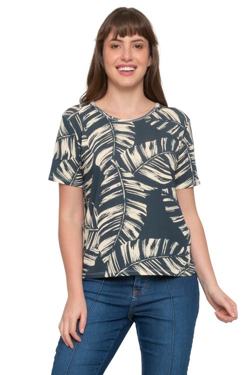 Blusa Feminina Casual com Estampa Folhas Azul Marinho