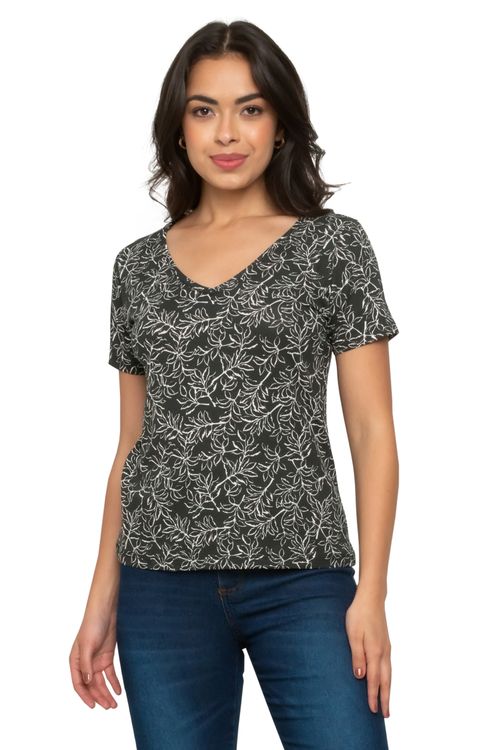 Blusa Feminina Casual com Estampa Folhas Verde Escuro