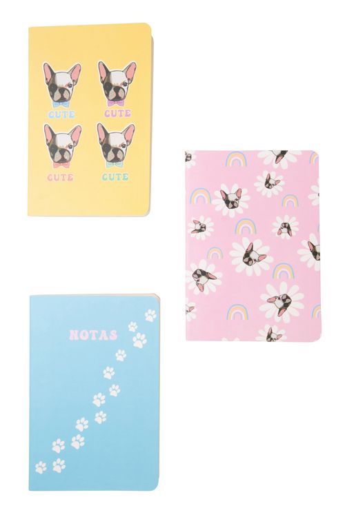 Kit 3 Cadernos com Estampa Bulldog Multicor