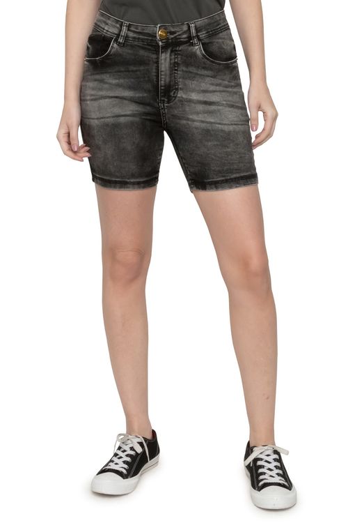 Bermuda Feminina Jeans Preto Marmorizado Meia Coxa