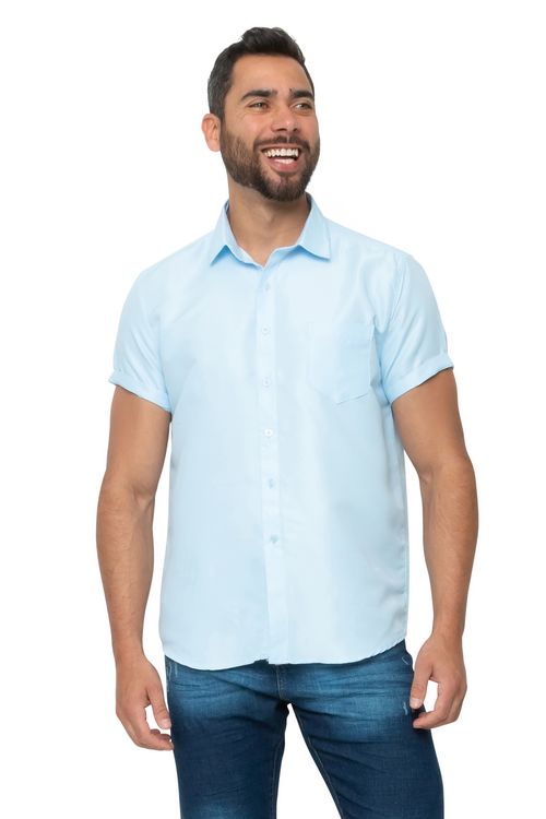 Camisa Masculina Manga Curta Azul Lisa