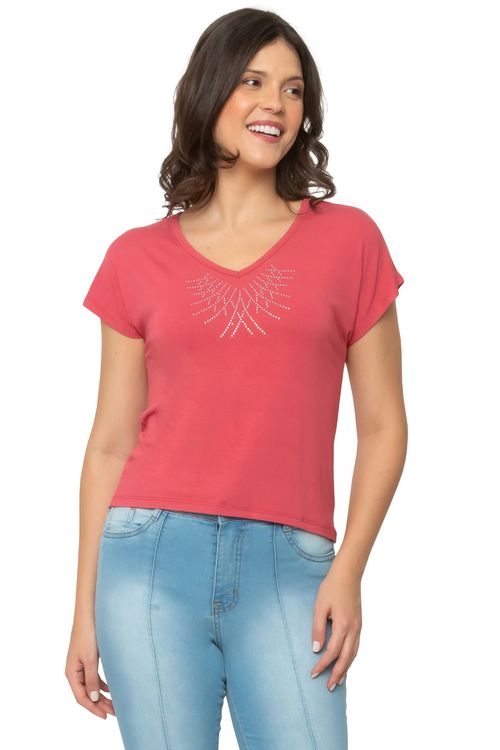 Blusa Feminina Casual com Hot Fix Coral