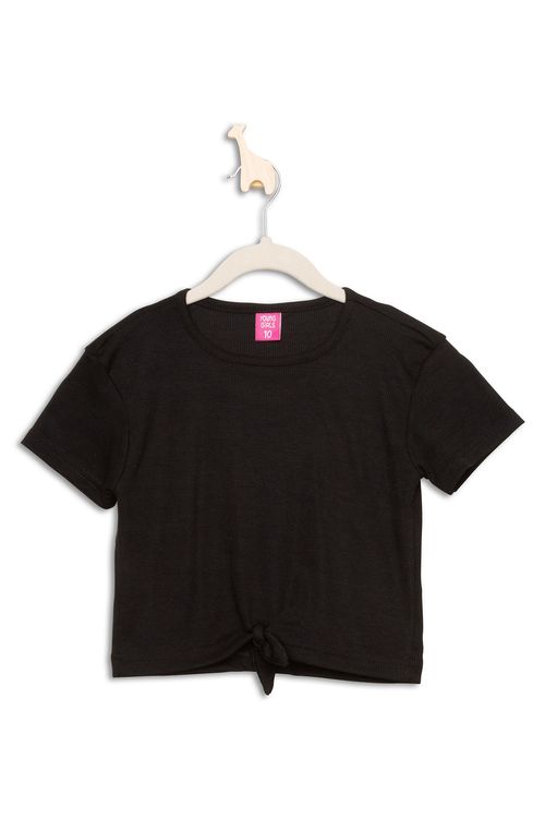 Blusa Cropped Juvenil Canelada Preta com Amarração Caedu