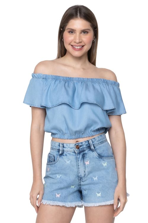 Blusa Cropped Feminina Ciganinha em Jeans Azul Claro