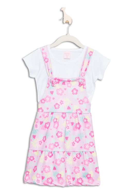 Conjunto Infantil Camiseta e Salopete com Estampa Floral Branco e Rosa Tam 1 a 3