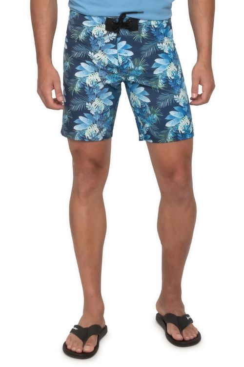 Shorts Masculino com Cordão com Estampa Folhagem Azul