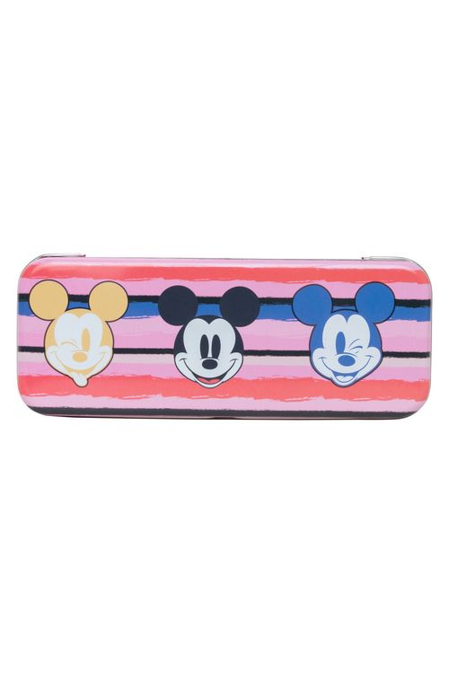 Estojo Escolar em Metal Mickey Listrado Rosa