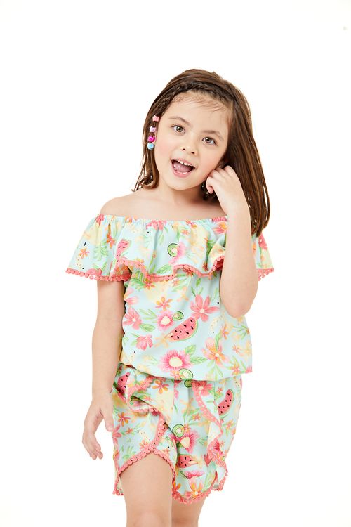 Blusa Infantil com Estampa Floral e Frutas Verde Claro Tam 1 a 3