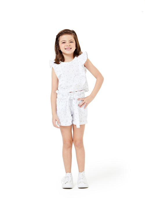 Shorts Infantil Clochard com Cinto Faixa e Estampa Estrelas Branco Tam 4 a 8