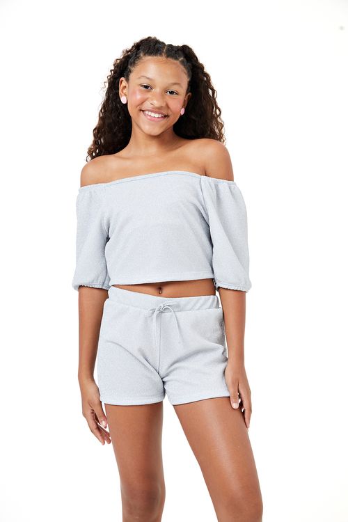 Blusa Cropped Juvenil com Brilho Prata Tam 10 A 16