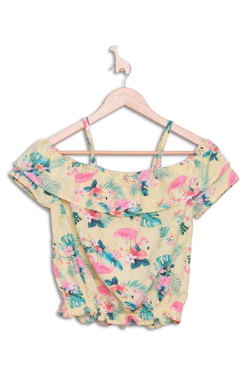 Blusa Juvenil com Estampa Flamingos Amarela Tam 10 a 16