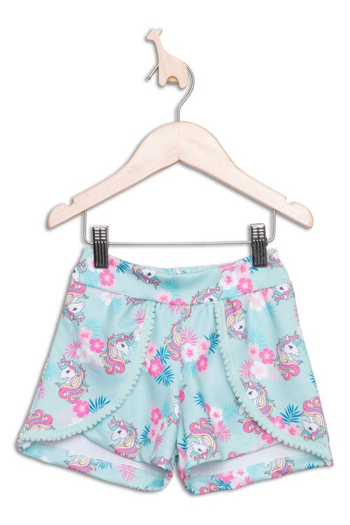 Shorts Infantil com Estampa Unicórnio e Flores Verde Água Claro Tam 4 a 8
