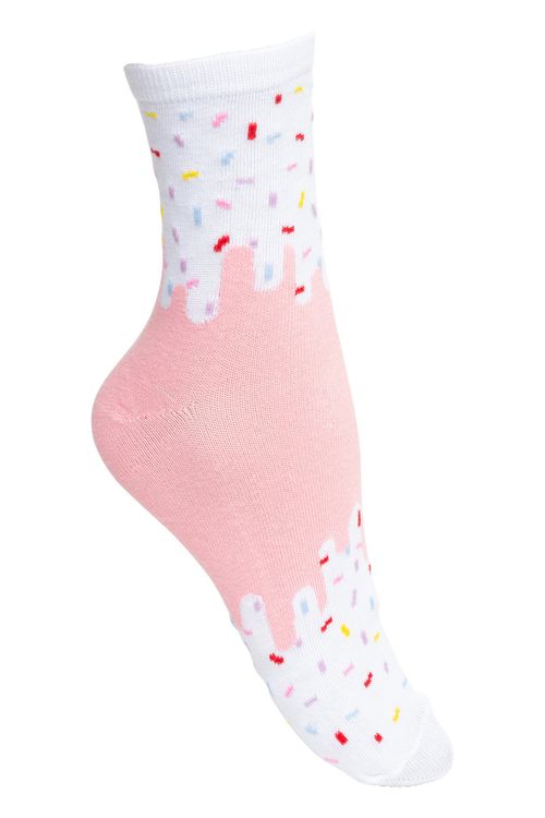 Meia Branca Infantil Cano Médio com Estampa Confetes Branca e Rosa