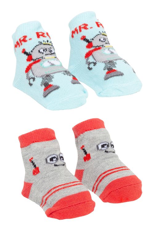 Kit 2 Pares de Meias Infantis Cano Curto com Estampa Robôs Azul e Mescla