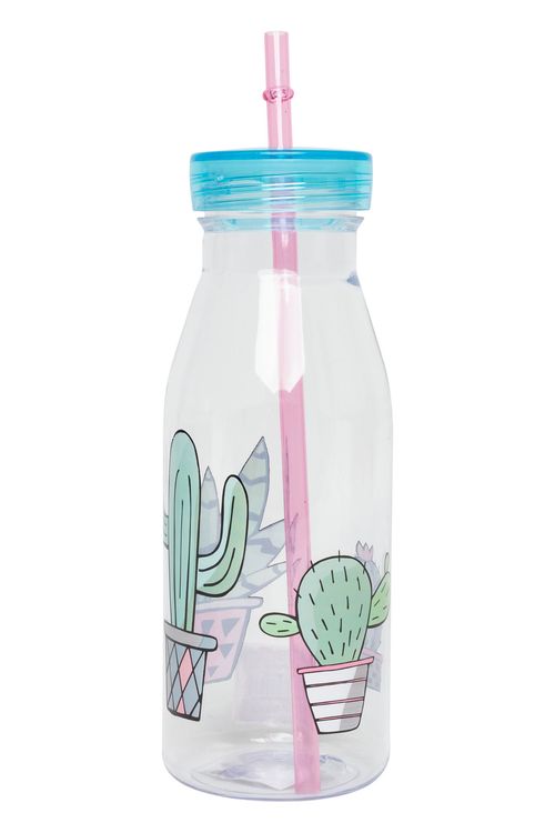 Garrafa de Água com Canudo Cactos Transparente