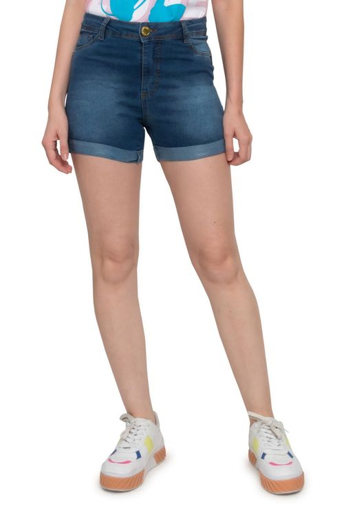 Shorts Feminino com Barra Dobrada Jeans Médio