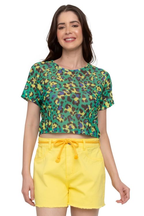 Blusa Cropped Feminina em Tule com Estampa Animal Print Verde