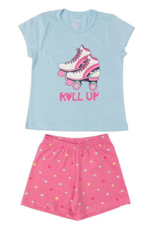 Conjunto Infantil Camiseta e Shorts com Estampa Patins Azul e Rosa Tam 4 a 8