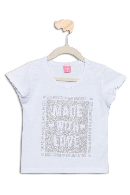 Blusa Infantil com Estampa Made With Love Brilho Branca Tam 4 A 8
