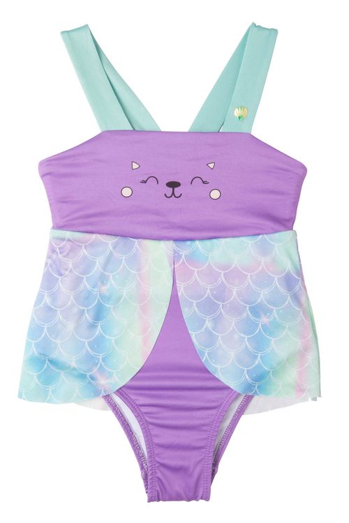 Maiô Infantil com Estampa Gatinho Escama Roxo e Verde Água Tam 1 a 3