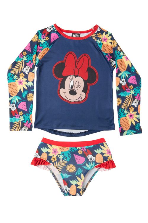 Conjunto Infantil Camiseta e Calcinha Praia com Estampa Minnie Frutas Azul Marinho Tam 1 a 3
