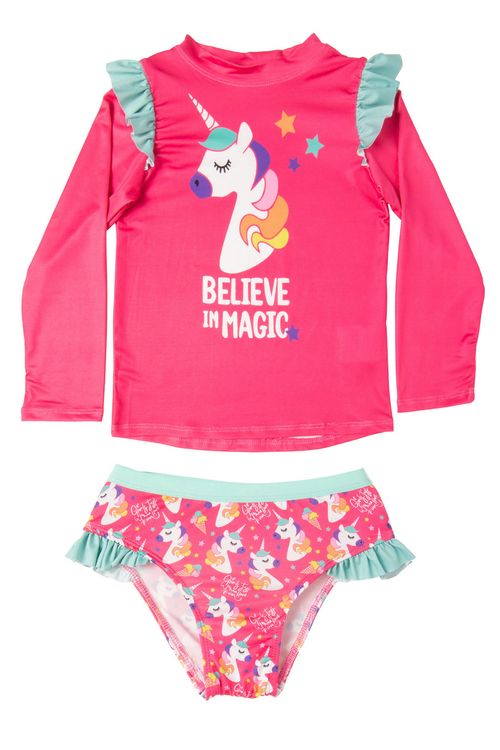 Conjunto Infantil Camiseta e Calcinha Praia com Estampa Unicórnio Rosa e Verde Água Tam 4 a 8