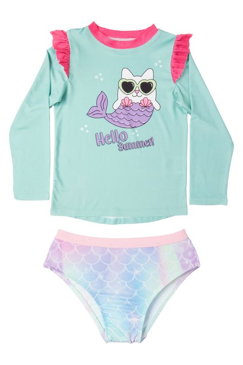 Conjunto Infantil Camiseta e Calcinha Praia com Estampa Gato Sereia Verde Água e Rosa Tam 4 a 8