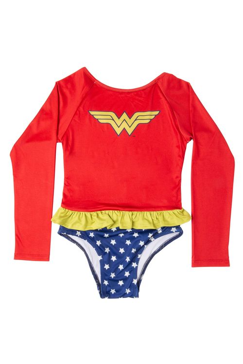 Maiô Infantil com Estampa Mulher Maravilha Vermelho e Azul Tam 4 a 8