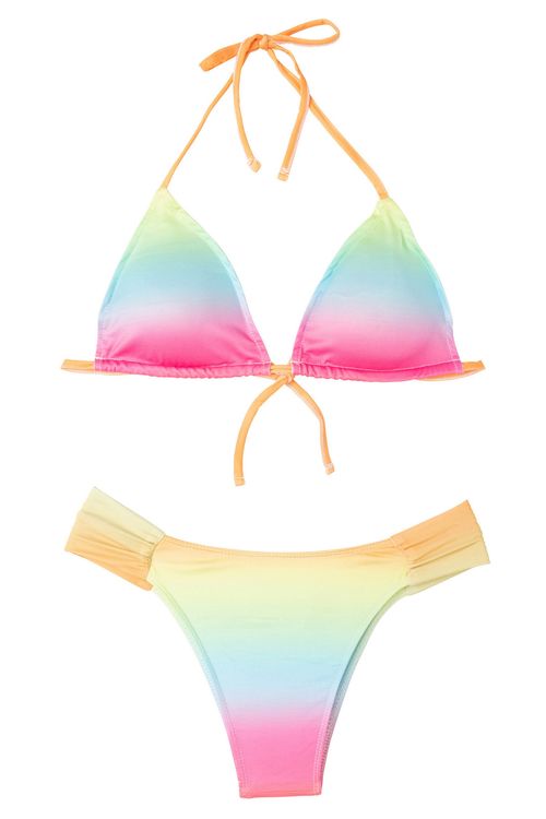 Conjunto Biquíni Juvenil com Estampa Degradê Rosa Azul e Amarelo Tam 10 a 16