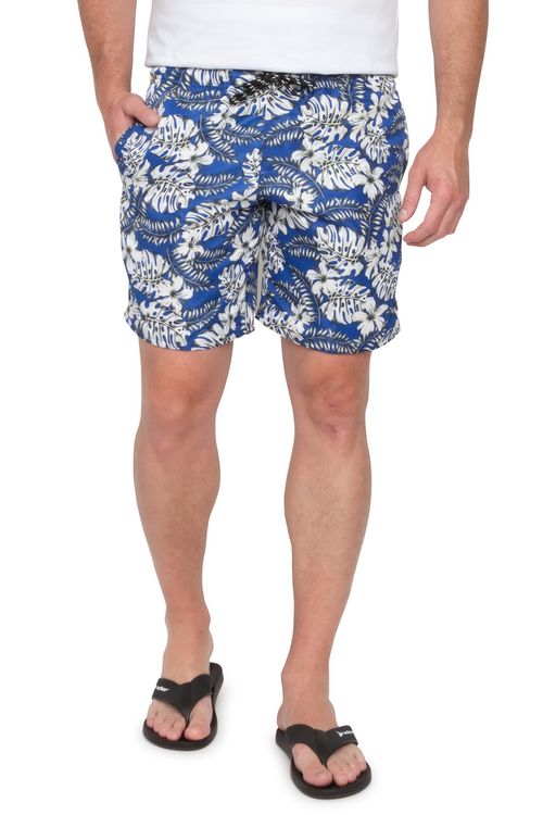 Shorts Masculino com Cordão com Estampa Folhagem Branco e Azul