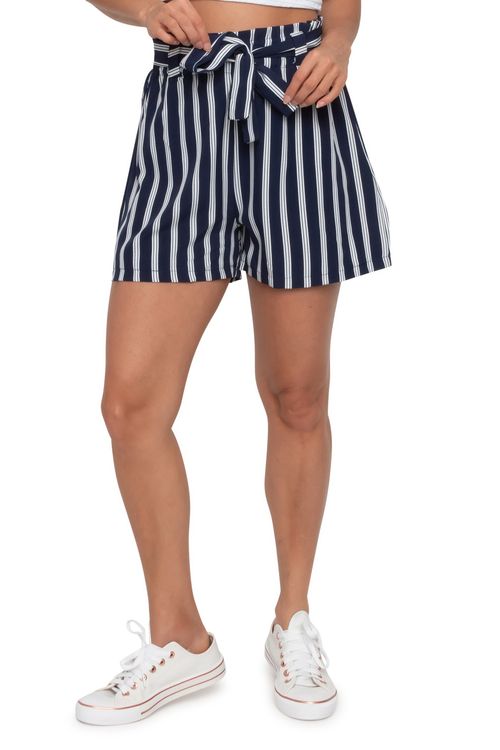 Shorts Feminino Casual com Amarração Azul Marinho e Branco