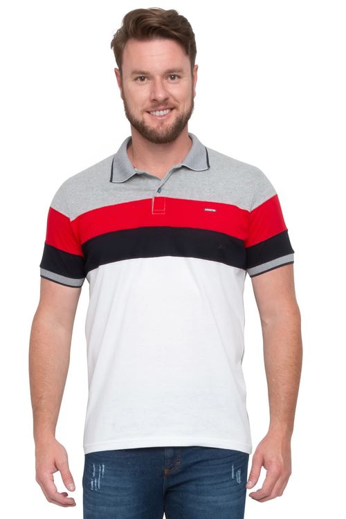 Camisa Polo Masculina com Recortes Mescla Vermelho Azul e Branco