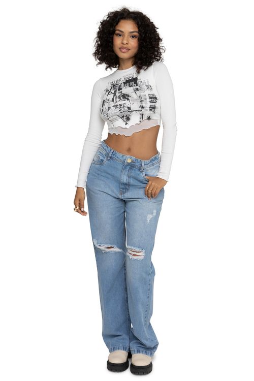 Calça Feminina Wide Leg com Puídos Jeans Claro