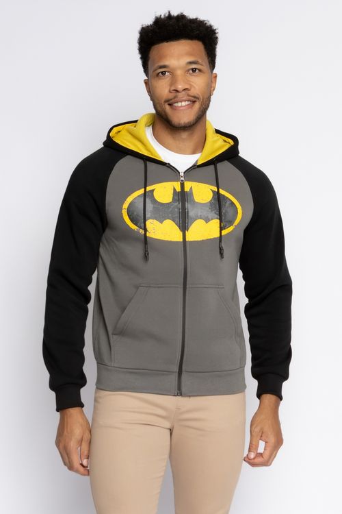 Blusão Masculino em Moletom com Capuz e Estampa Batman Mescla Amarelo e Preto