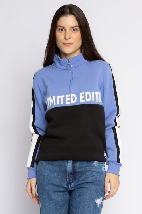 Casaco Feminino em Moletom Fechado com Estampa Frase Azul e Preto