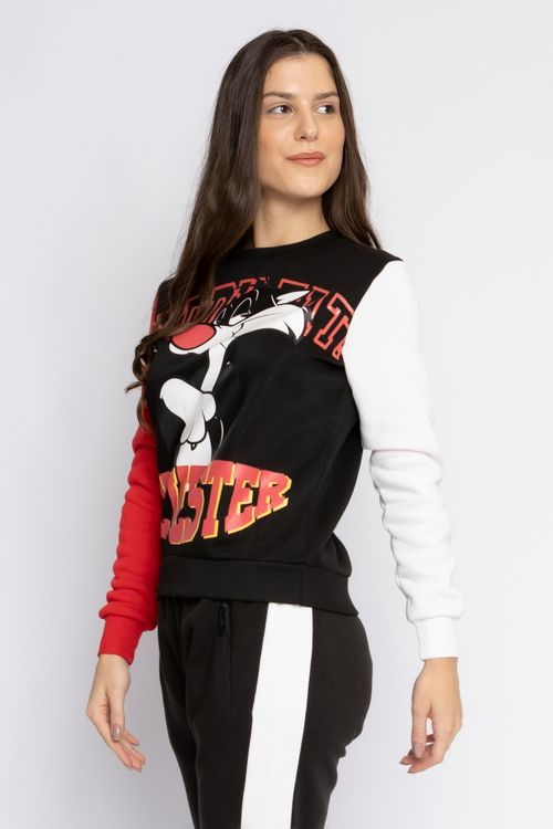 Blusão Feminino em Moletom com Estampa Frajola Preto Vermelho e Branco
