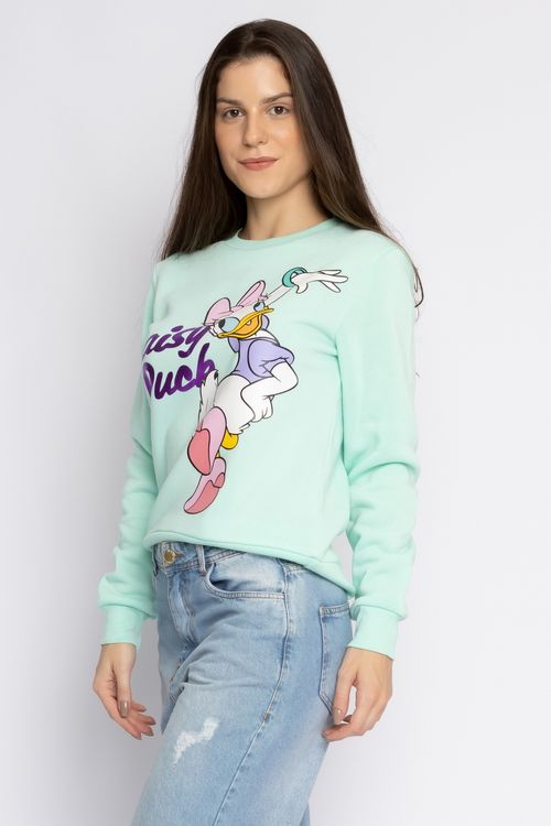 Blusão Feminino em Moletom Verde com Estampa Margarida