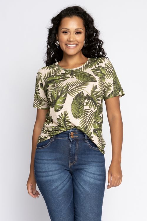 Blusa Feminina Casual em Viscolycra com Estampa Folhagem Verde