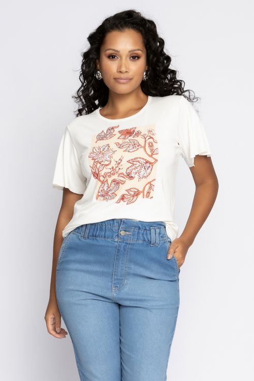 Blusa Feminina Casual Folhas Off White